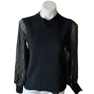 CeCe Black and Gold Metallic Mixed Media Blouse With Sheer Long Sleeves Pullover